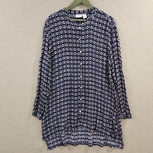Vermont Country Store Long Sleeve Tunic 1X Button Up Blouse 3/4 Sleeve Blue